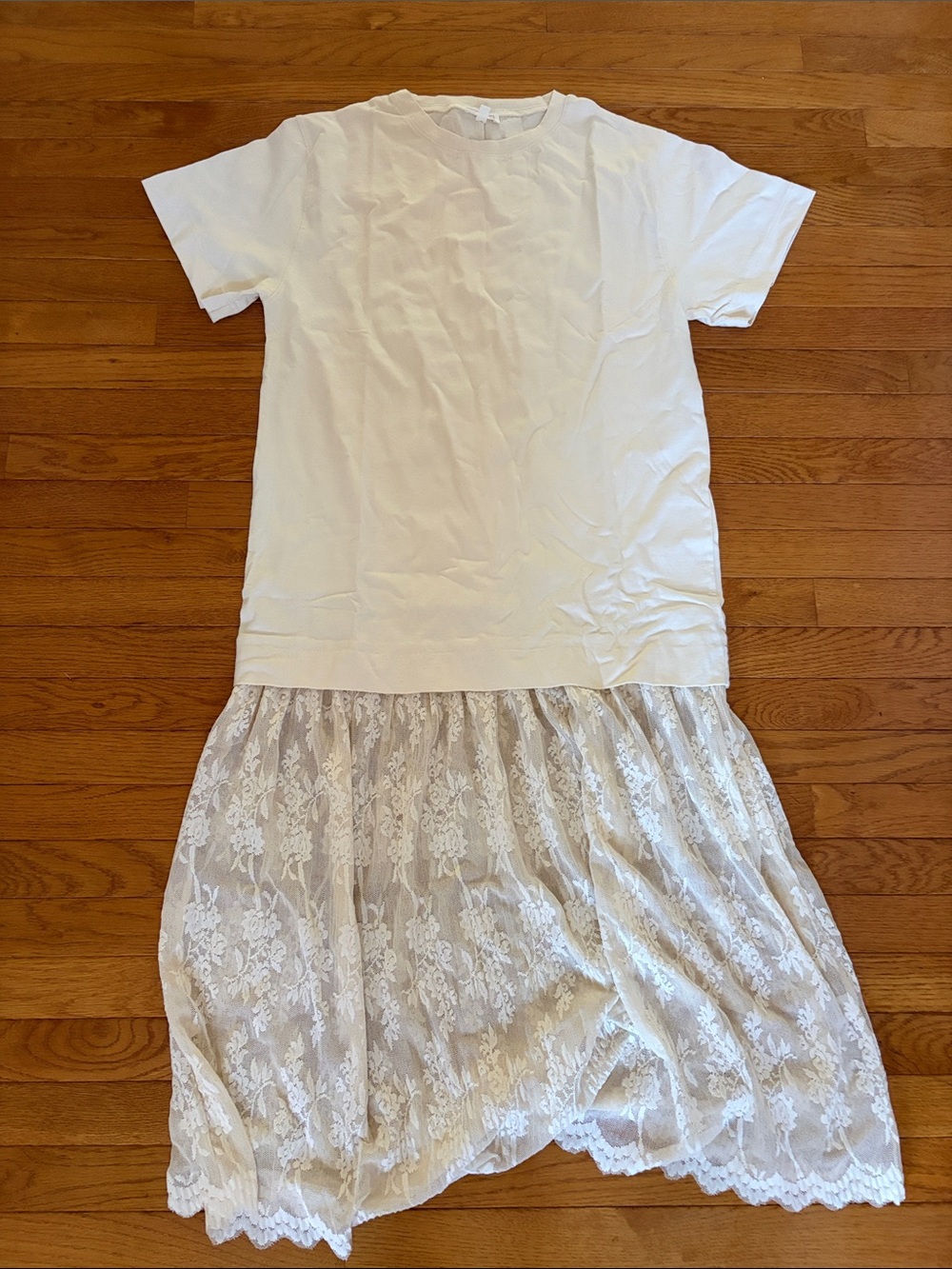 White Tee and Lace Skirt Dress